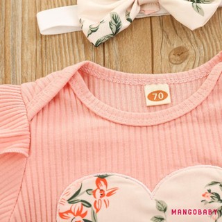Bộ quần áo mùa hè MGG-Baby Girl, Áo liền quần dệt kim sườn ngắn tay Ruffle + Quần Short hoa + Bộ băng đô