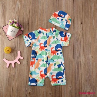 Mg-little Bé Trai Tắm Phù Hợp Với Mũ Bơi Tay Ngắn Mock Cổ Lưng Dây Kéo Lên Đồ Bơi Khủng Long In Hình Đồ Bơi Áo liền quần