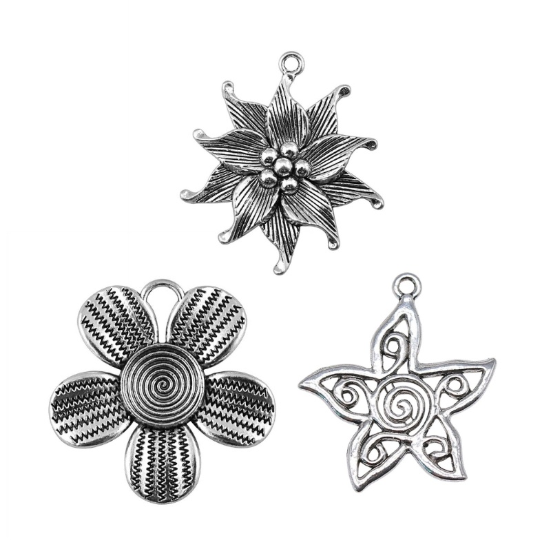 Jenniferab Hoa Rỗng Tua Rua Charm Mặt Dây Cổ Màu Bạc Khắc Hoa Thẻ