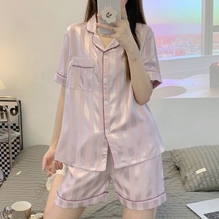 Bộ Đồ Ngủ Lụa Tay Ngắn Dáng Rộng Thời Trang Mùa Hè Cho Nữ
