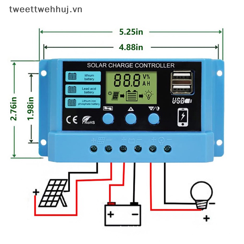 Bộ Điều Khiển Sạc Năng Lượng Mặt Trời Tự Động TWE 30A 20A 10A 12V 24V Có Màn Hình LCD