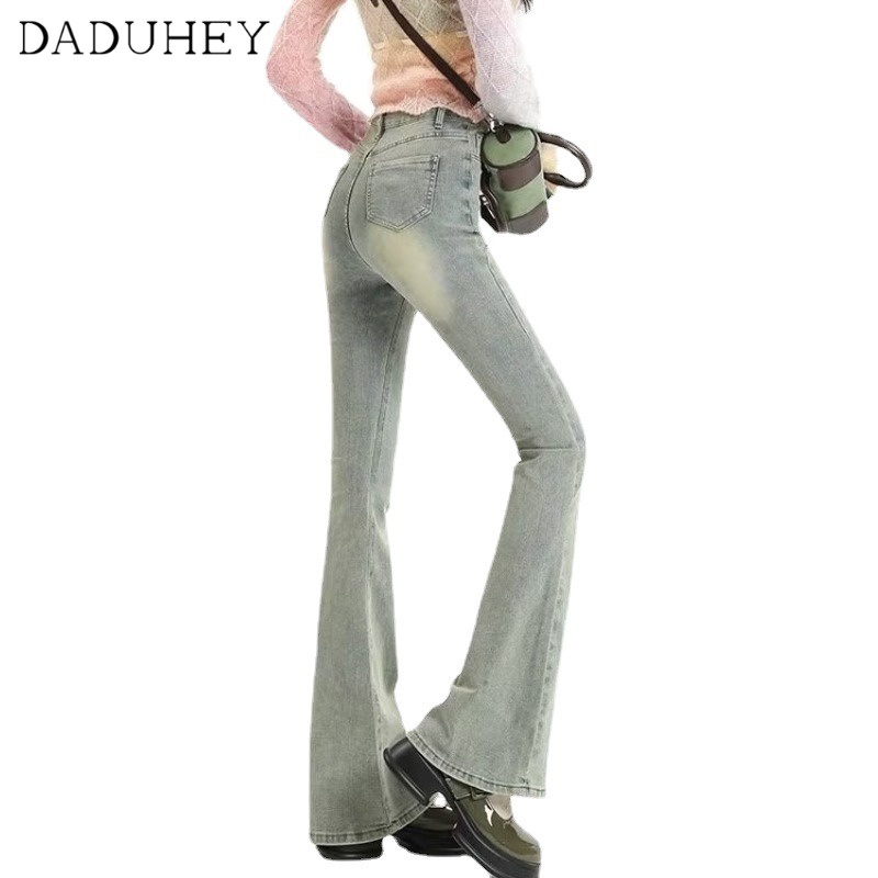 Ảnh DaDuHey New American Style Retro Yellow Mud Jeans Women's High Waist Elastic Flared Pants Large Size Trousers 4