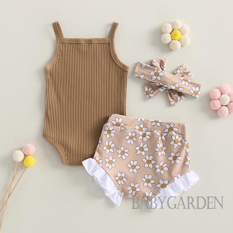 Set Áo Liền Quần + Quần Short In Hoa + Băng Đô Cài Tóc Xinh Xắn Cho Bé Gái 0-18 Tháng Tuổi