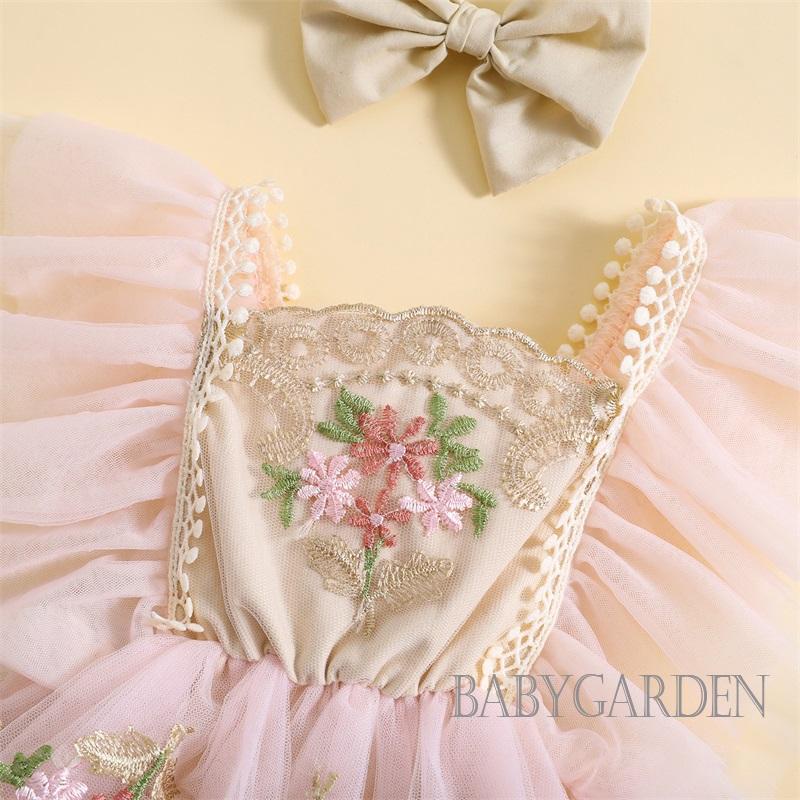 Baga-trẻ sơ sinh bé gái romper với băng đô thêu hoa fly tay áo quần áo mùa hè