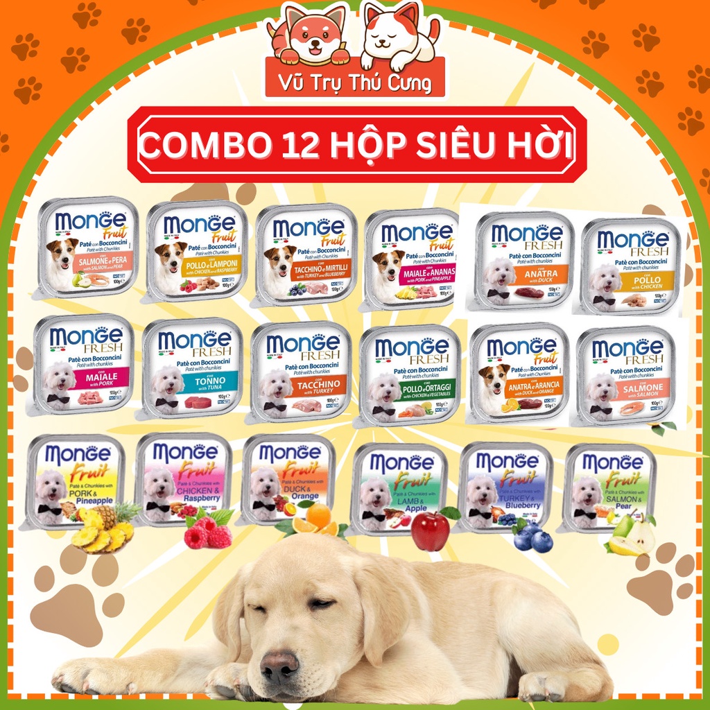 Combo 12 hộp Pate Monge cho Chó 100g, thành phần thịt và rau củ quả nhiều dinh dưỡng