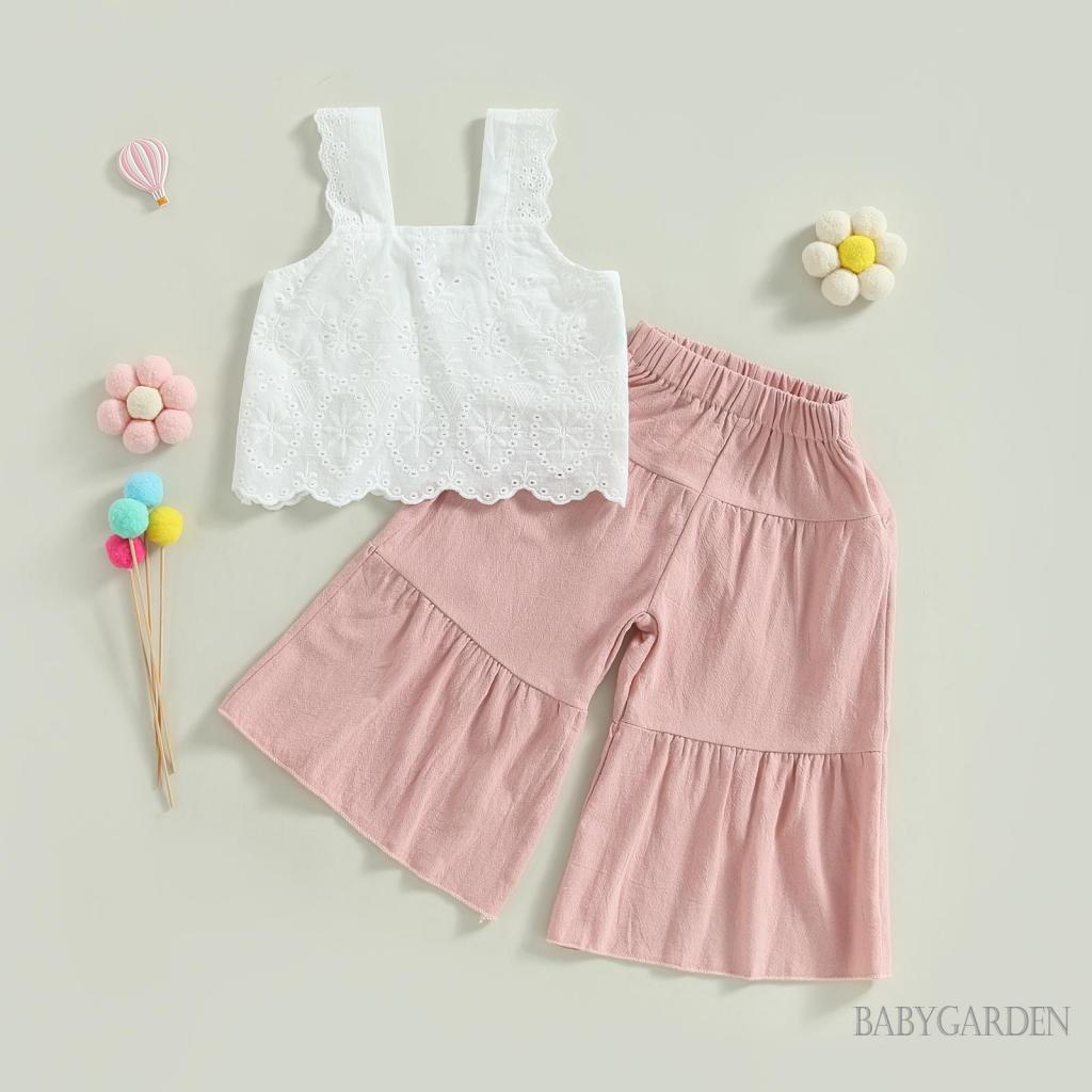 Bộ quần áo mùa hè cho bé gái 1-6 tuổi, Áo ren không tay màu trơn + Quần ống rộng co giãn thông thường