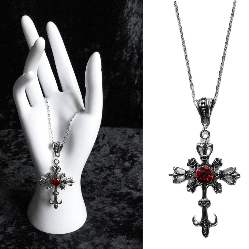 Vòng cổ Mặt Thánh Giá Đính Đá Zircon Đỏ Phong Cách Âu Mỹ