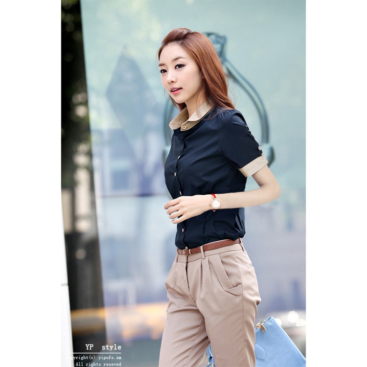 Nữ Tay Ngắn Màu Xanh Navy Áo Sơ Mi Nữ Thường Ngày Áo Sơ Mi Văn Phòng Nữ OL Work Top