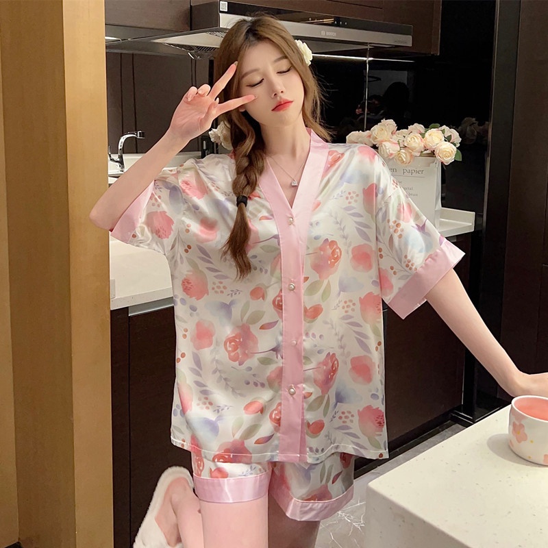 Bộ đồ ngủ tay ngắn chất lụa lạnh họa tiết hoạt hình thời trang mùa hè cho nữ lff0731