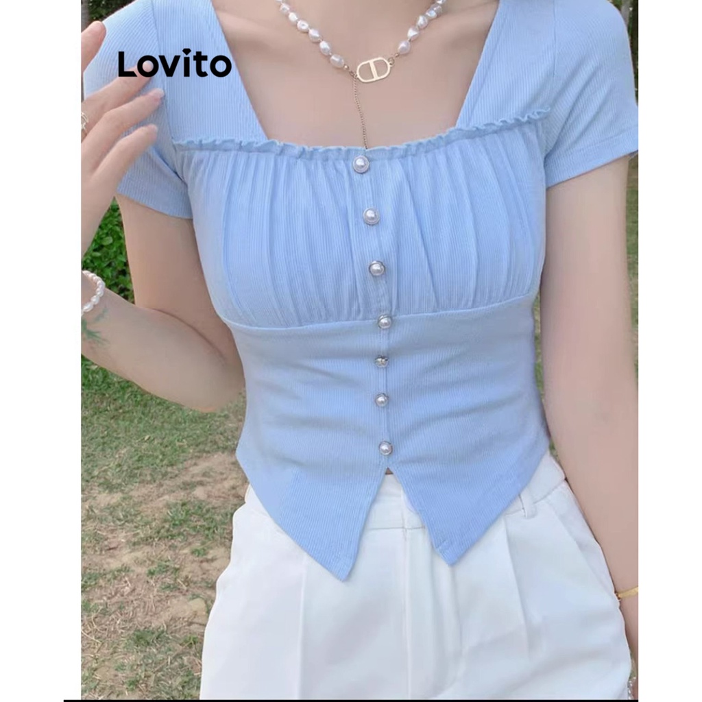 Áo thun Lovito xếp nếp bất đối xứng đính ngọc trai màu trơn cho nữ LNE19105 Màu xanh dương nhạt spe