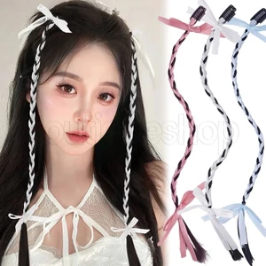 kẹp tóc đuôi ngựa nữ thời trang / bím tóc đuôi ngựa đôi / phụ kiện tóc ngọt ngào mát mẻ cho bé gái / tóc giả bím tóc giả bện / bím tóc giả hai lớp nơ