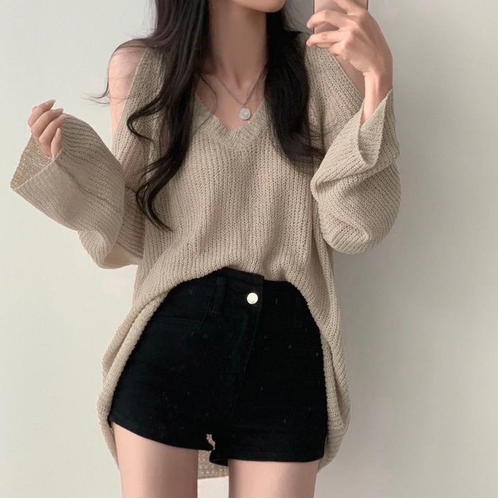Áo dệt kim SUXI chống nắng dáng rộng cổ chữ V hở vai phong cách Hàn Quốc cho nữ