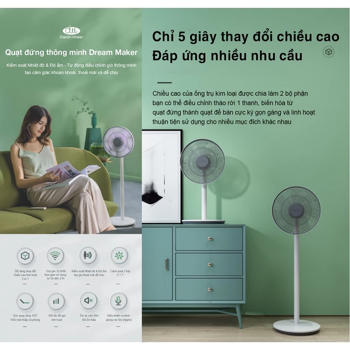 Quạt đứng có pin tích điện Xiaomi Dream Maker Plus có điều khiển, chạy 21 tiếng điều khiển qua app mihome