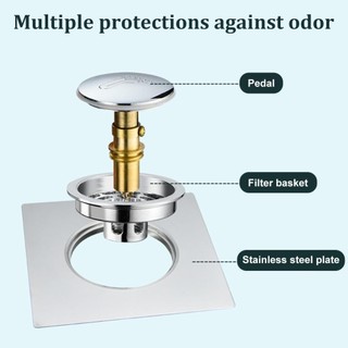 JKDESIGN Loại Press-Type Thoát nước sàn, Loại bàn đạp bằng thép không gỉ Vòi hoa sen Chân thoát nước, Vuông bền bật lên Bounce Bộ lọc sàn thoát nước chống mùi hôi