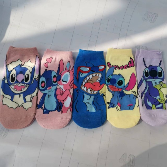 Set 1 / 5 Đôi Vớ Thể Thao In Họa Tiết Hoạt Hình Disney Stitch Thiên Thần Đáng Yêu Thời Trang Unisex