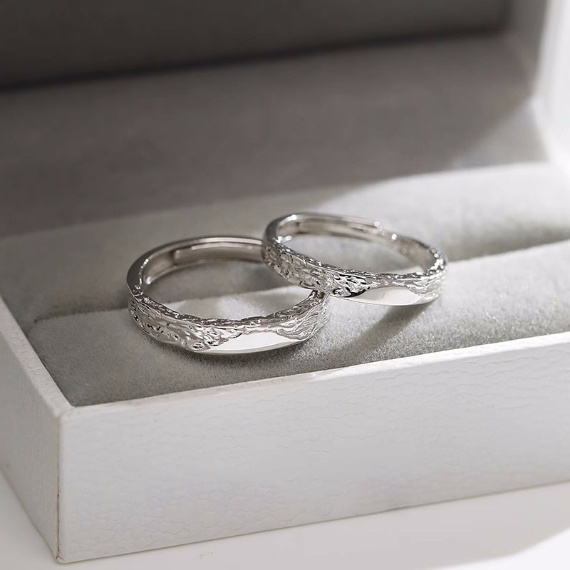 S925 Bạc Glacier Trái Tim Cặp Đôi Nhẫn Mở Có Thể Điều Chỉnh Đơn Giản Nam Nữ Nhẫn Đôi
