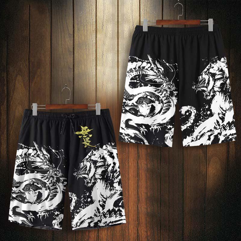 Quần Short Thể Thao Đi Biển Dáng Rộng In Hình Rồng Hổ Kiểu Trung Hoa Cá Tính