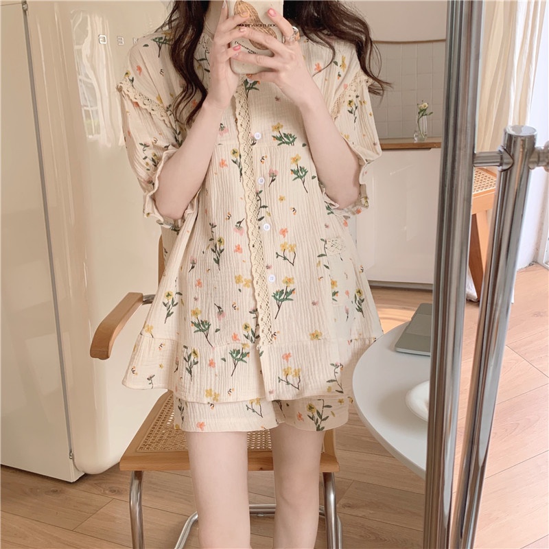 Váy Ngủ	Pyjama Bộ Đồ Ngủ Ngắn Tay Cổ Tròn Họa Tiết Hoa Phong Cách Hàn Quốc Cho Nữ
