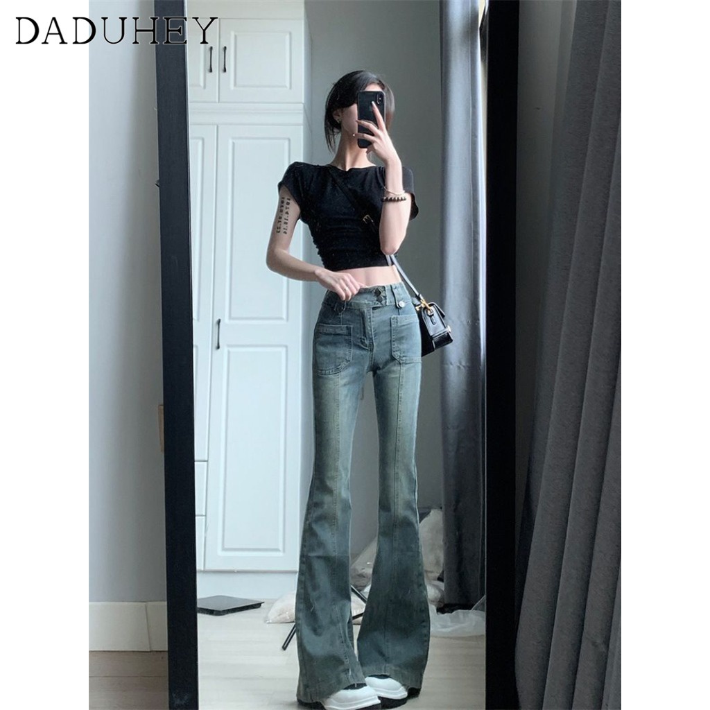Ảnh DaDuHey New American Ins High Street Retro Washed Jeans Small Crowd High Waist Micro Flared Pants Large Size Trousers 4