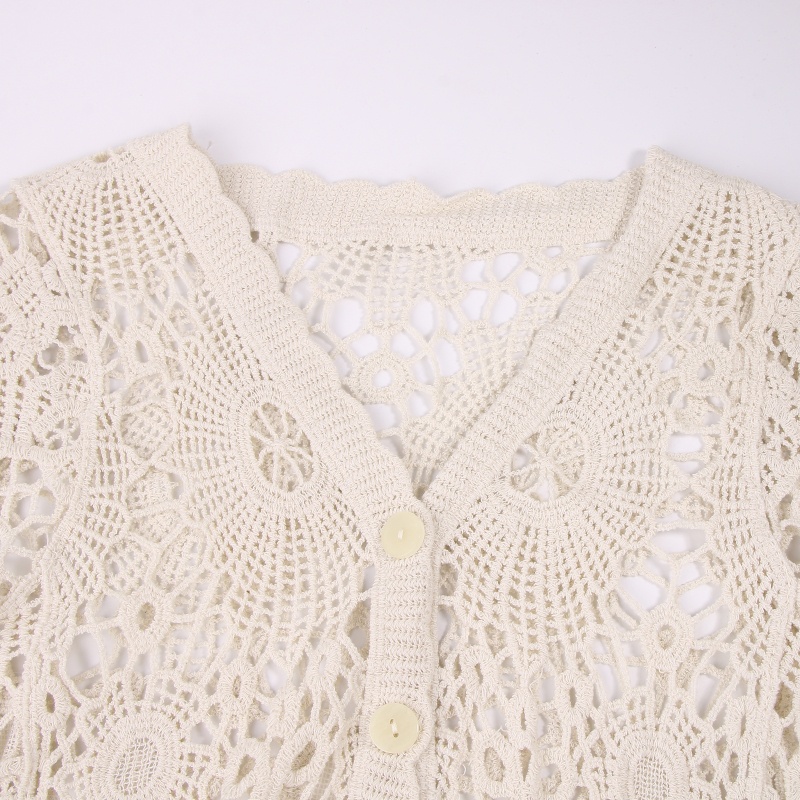 Wellb Nữ Tay Ngắn Ren Shrug Rỗng Móc Nút Sheer Crop Cardigan Cho Jack