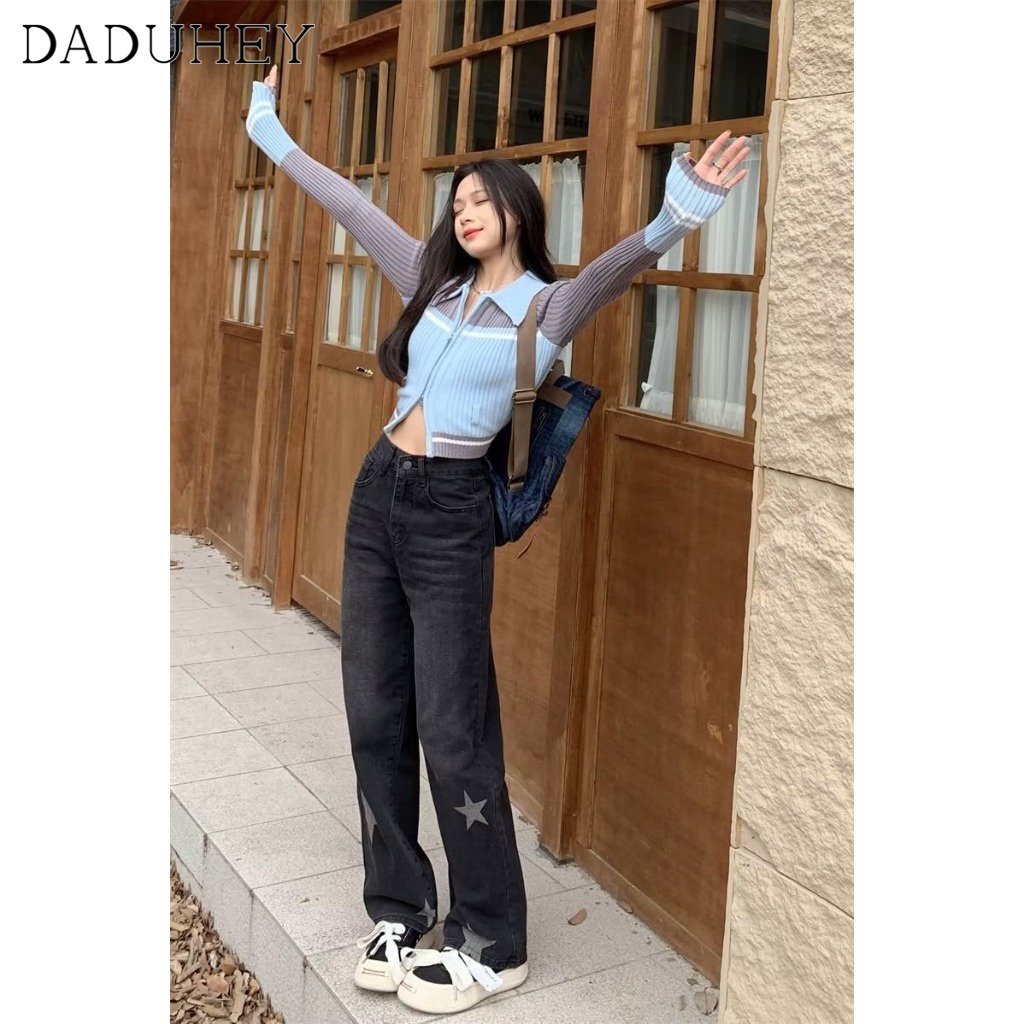 Ảnh DaDuHey New American Ins High Street Thin Jeans Niche Stars High Waist Wide Leg Pants Large Size Trousers 3