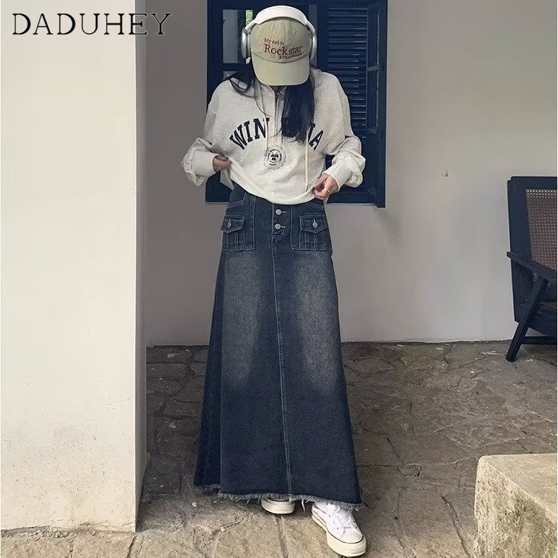 Ảnh DaDuHey New American Ins High Street Retro Denim Skirt Niche High Waist A- line Skirt Large Size Bag Hip Skirt 4