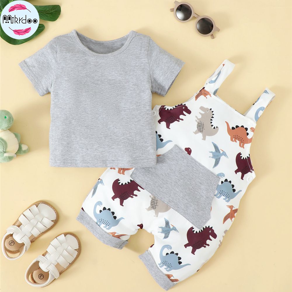 Set đồ mùa hè 2 món MIKRDOO gồm áo tay ngắn màu xám và quần yếm in họa tiết khủng long cho bé trai 0-3 tuổi