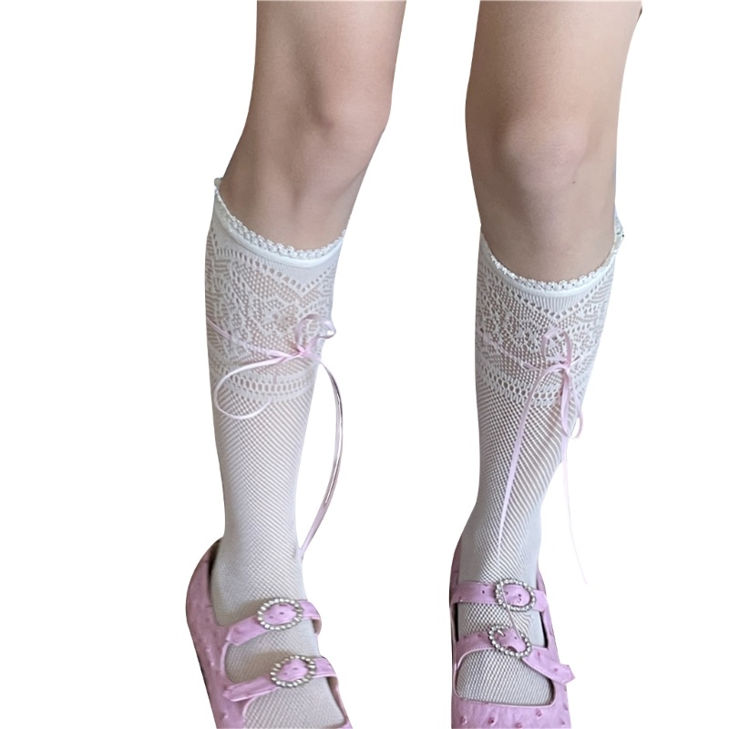 King summer hollow-out lace calf socks sweet bowknot student girl stockings for women