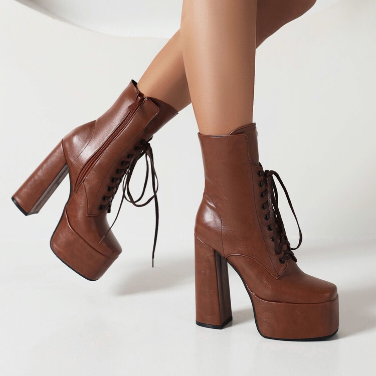 Giày Bốt Cao Gót Mũi Vuông Đế Dày Buộc Dây Cá Tính Hợp Thời Trang Cho Nữ Size 34-43 Z
