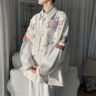 Áo Khoác Denim Tay Dài Cổ Gập In Họa Tiết Graffiti Thời Trang Cho Nam Và Nữ