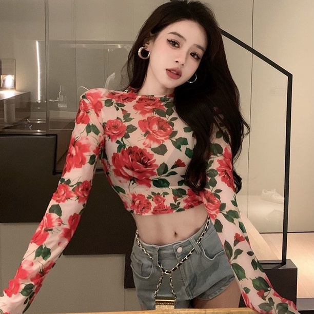 Milyfashion Retro Hoa Hồng In Gạc Ngắn Rốn lộ Áo thun dài tay cho bé tee xuyên thấu