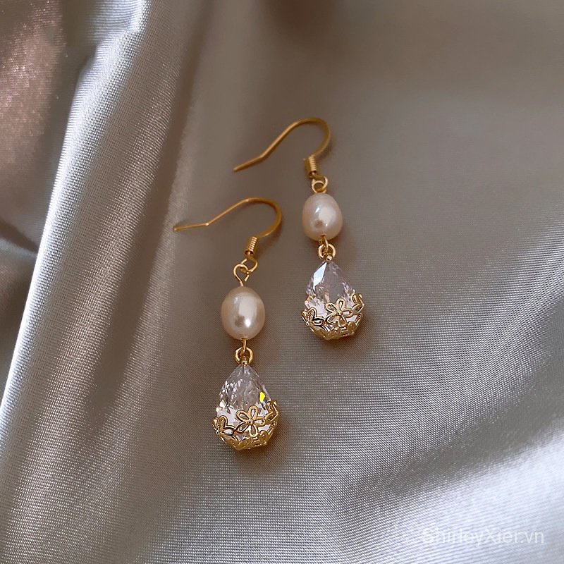 Bông Tai Hình Giọt Nước Đính Đá Zircon Ngọc Trai Cao Cấp Sang Trọng Phong Cách Pháp Thời Trang Cho Nữ