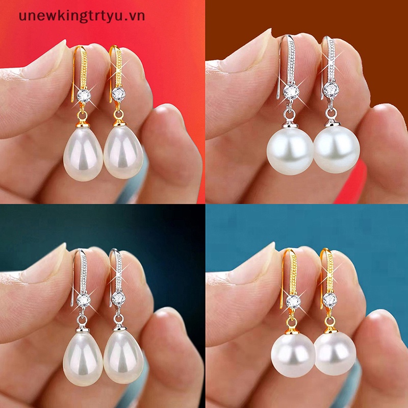 Khuyên Tai Đính Hạt Ngọc Trai Hình Giọt Nước / Hình Oval Màu Đỏ / Trắng Thời Trang Sang Trọng Cho Nữ