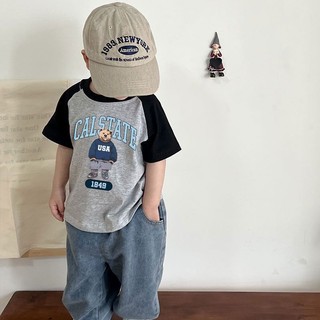 Mùa Hè Trẻ Em Phong Cách Mới Cotton Nguyên Chất Khâu Hoạt Hình Gấu Tay Ngắn Bé Trai Rời Áo Thun Nhỏ Vừa Trẻ Em
