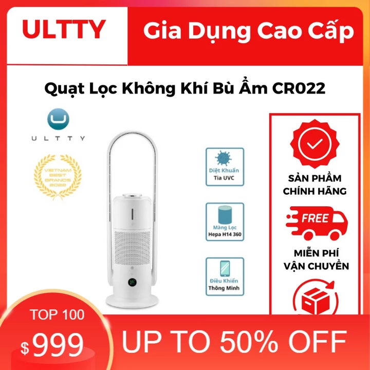 Máy lọc không khí bù ẩm khử khuẩn ULTTY SKJ-CR022 dạng quạt không cánh - Bộ lọc Hepa H14 - Màu trắng chính hãng