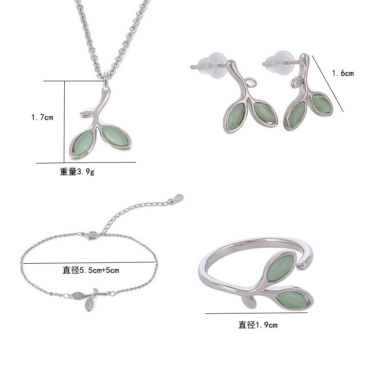 [Yunyuan] Bộ Trang Sức Vòng Cổ Nhẫn / Bông Tai / Nhẫn Mở Hình Lá Xanh Bằng Bạc