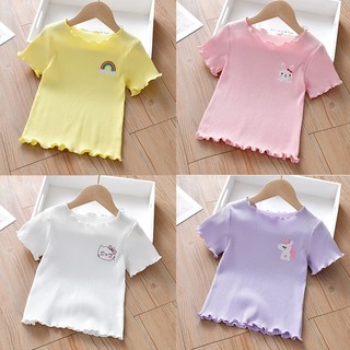 Bé & Trẻ Em Thời Trang Áo Cho Bé Gái Áo Thun Tay Ngắn Mới Ice Silk Trẻ Em Tay Ngắn Bằng Gỗ Viền Tai Cao Cấp