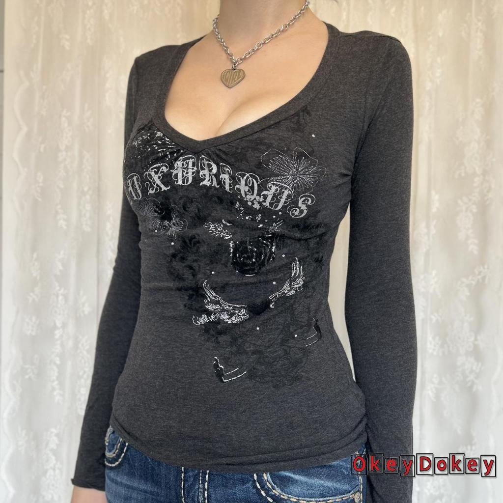Áo Thun Tay Dài Dáng Ôm Phong Cách Gothic Harajuku Cổ Điển OKDK-Y2K