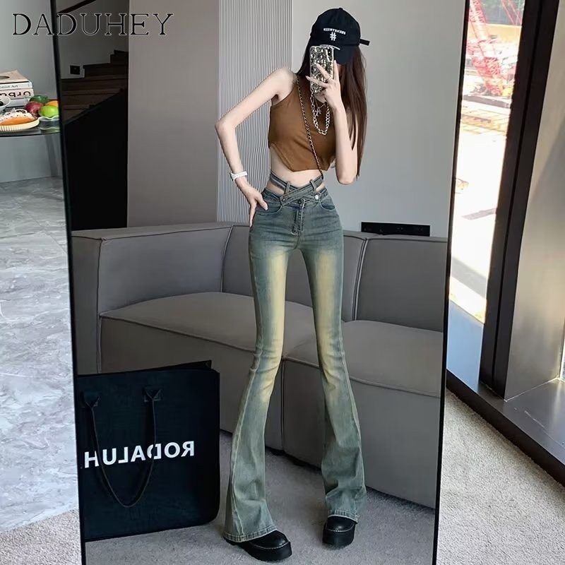 Ảnh Quần jean dài DADUHEY size lớn ống loe nhẹ cạp cao thời trang retro đường phố cao cấp kiểu Mỹ 3
