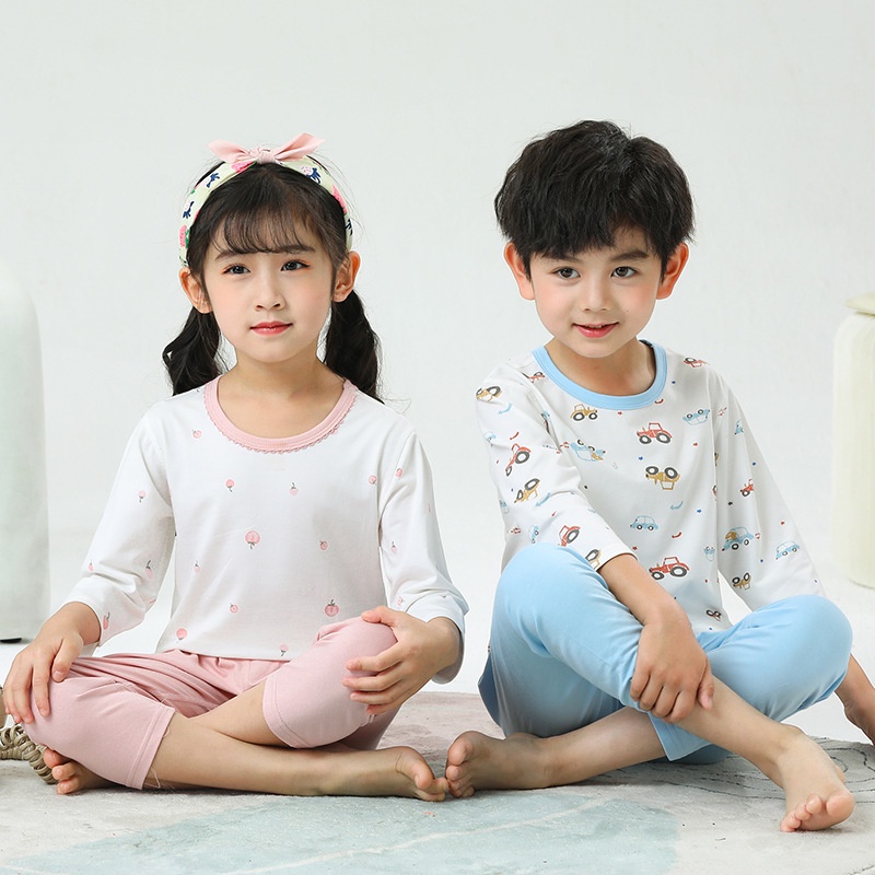 Trẻ Em Mặc Ở Nhà Bộ Đồ 100-160CM Bé Gái Bé Trai Mỏng Dài Tay Mùa Hè Quần Áo Trẻ Em Điều Hòa Không Khí Quần Áo Co Giãn Ba Phần Tư Tay Bộ Đồ Ngủ BQHW