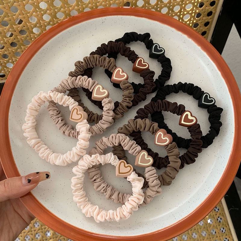 10 Chiếc Dễ Thương Đơn Giản Màu Nâu Hình Trái Tim Tóc Bộ Nhiệt Độ Nữ Đàn Hồi Cao Dây Buộc Tóc 2025 Phụ Kiện Thời Trang Mới