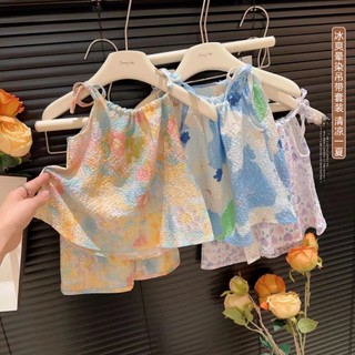 Tập Đi Bé Gái Quần Áo Mùa Hè Sling 2 Bộ Trang Phục Hoa Không Tay Bé Gái Bộ Quần Áo