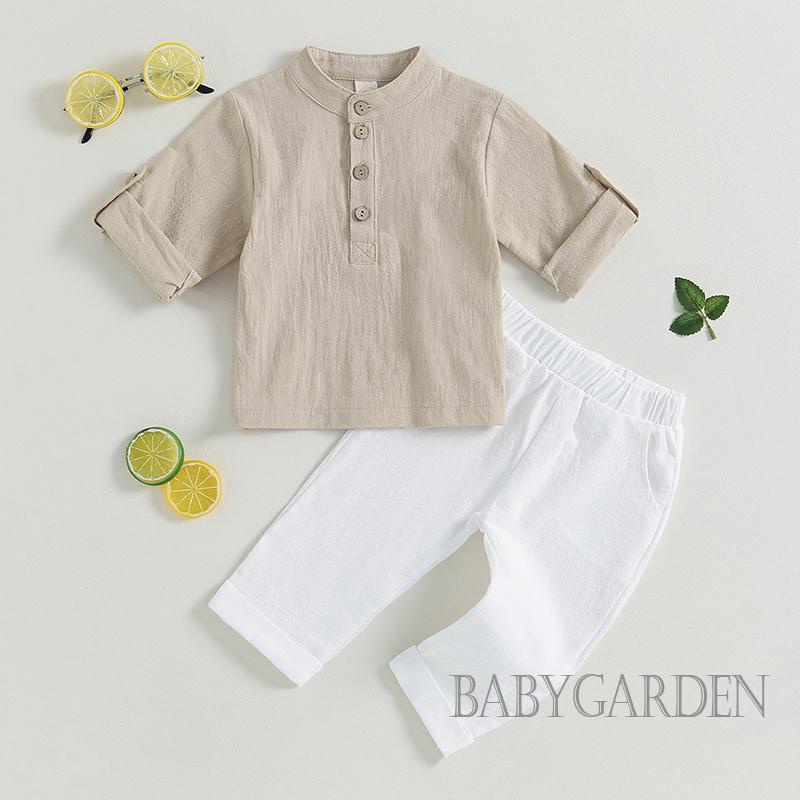 Set Đồ Mùa Hè 2 Món Gồm Áo Sơ Mi Tay Cộc Cài Nút Màu Trơn + Quần Dài Eo Thun Cho Bé Trai 6 Tháng - 4 Tuổi
