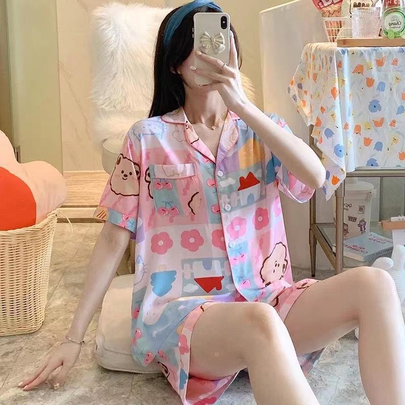 Váy Ngủ, Bộ Ngủ Nữ Mùa Hè , Quần áo Mặc Nhà Nữ Cute Ngắn Tay Cardigan Hai Mảnh Lưới Sinh Viên