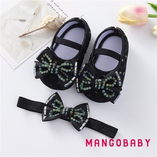 Mgg-baby Girls Mary Jane Flats Đính Hạt Nơ Công Chúa Giày Đi Bộ Và Băng Đô Cho Trẻ Sơ Sinh Tập Đi