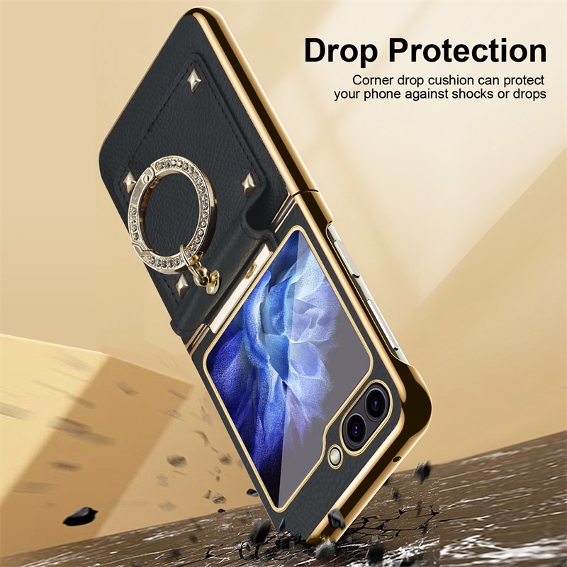Bao da mạ sang trọng với vòng & dây đeo tay bản lề máy ảnh vỏ bảo vệ màn hình cho samsung galaxy z flip 5 z flip 4 z flip 3 vỏ điện thoại chống sốc