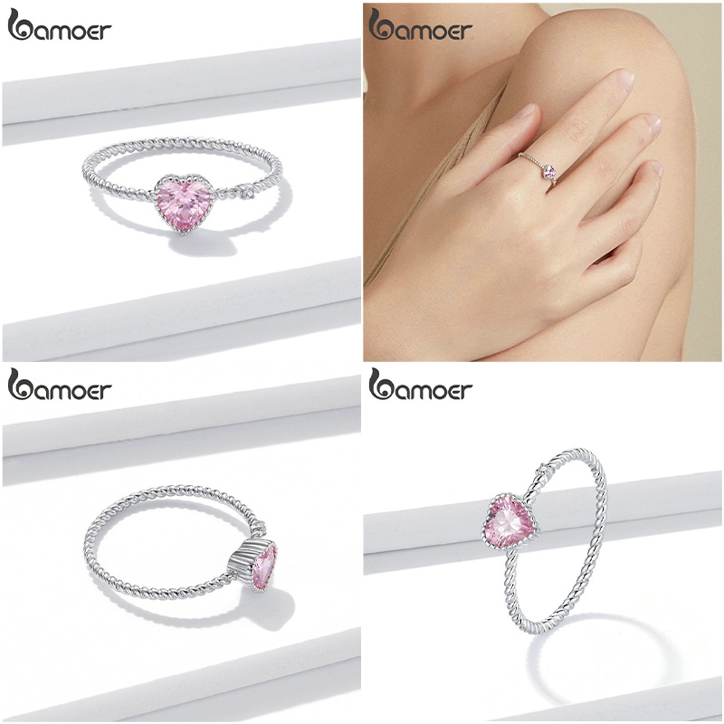Bamoer Bạc 925 Nhẫn Zircon Hồng Trang Sức Thời Trang Cho Nữ Quà Tặng Sinh Nhật