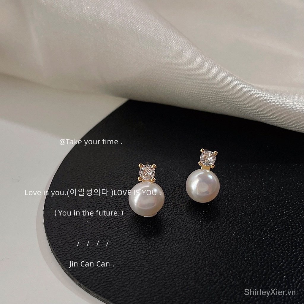 Ngọc trai nước ngọt ~ Bông tai đơn giản kim bạc mạ 14k Micro Zircon dễ phối đồ cao cấp phụ kiện thời trang Nữ Thanh Lịch Kiểu Pháp 925
