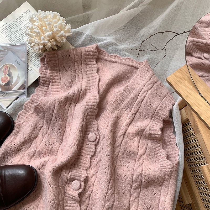 Plus Size Dệt Kim Áo Vest Nữ Tính Khí Retro Lười Ngọt Ngào Màu Trơn