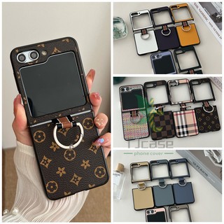Ring holder stand leather case cover samsung galaxy z flip 5 z flip 4 retro / solid color bracket ultra-thin vỏ chống sốc